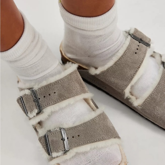 NWT Birkenstock Arizona Shearling Suede Leather Slide in Stone Coin - Picture 4 of 15